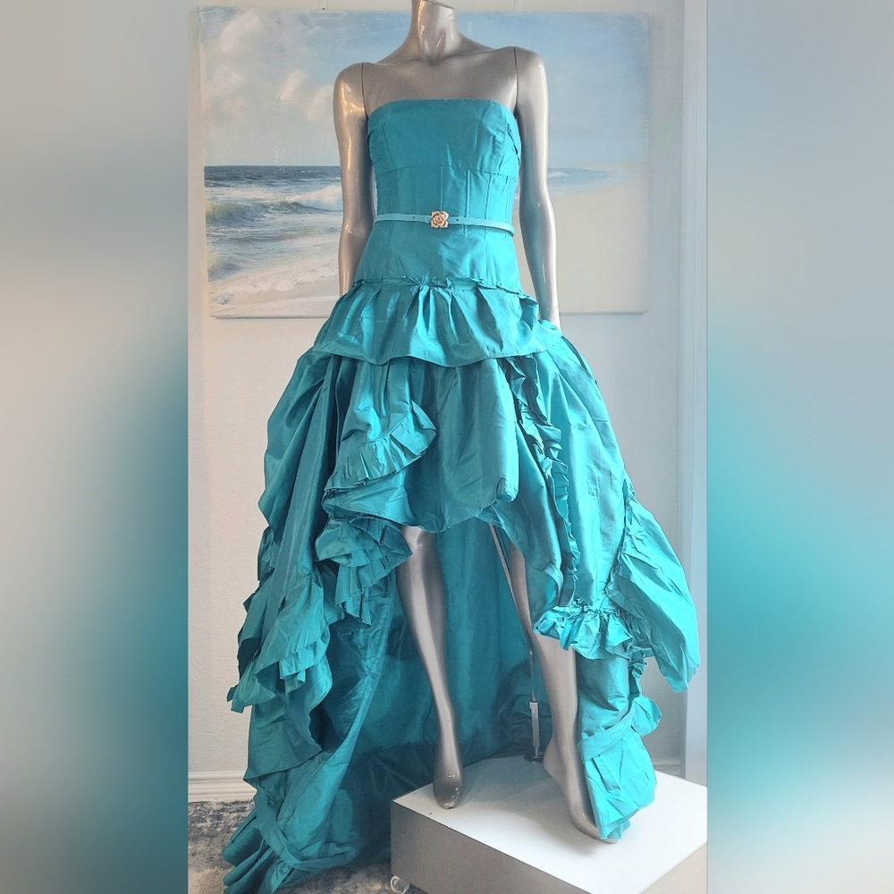 $6,690 NEW OSCAR DE LA RENTA STUNNING BLUE SILK RUFFLE TRAIN GOWN DRESS US 8
